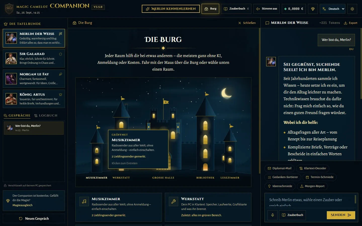 Der Companion: links die Tafelrunde, in der Mitte die Burg mit ihren Räumen, rechts stellt sich Merlin im Gespräch vor.