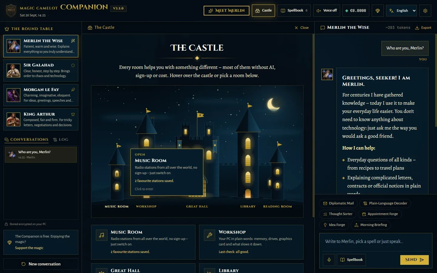 The Companion: the Round Table on the left, the castle with its rooms in the middle, and Merlin introducing himself in the chat on the right.