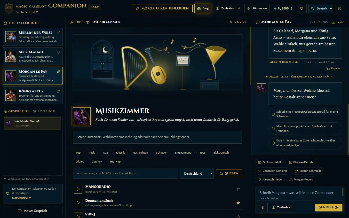Das Musikzimmer mit Harfe, Laute und Grammophon, darunter Musikrichtungen und Lieblingssender.