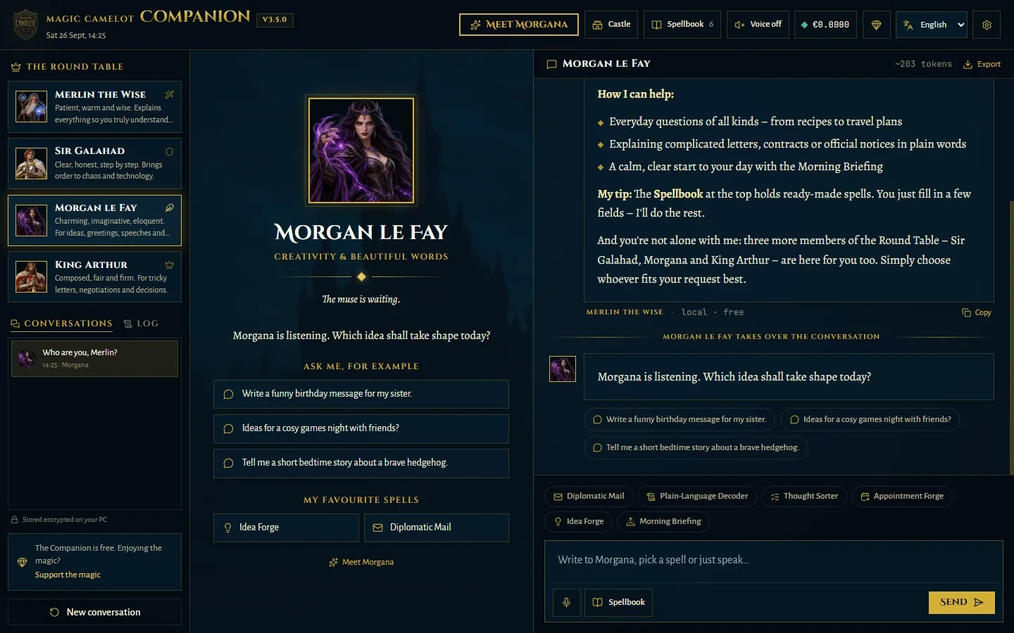 Morgan le Fay introduces herself and suggests example questions, such as a funny birthday message.