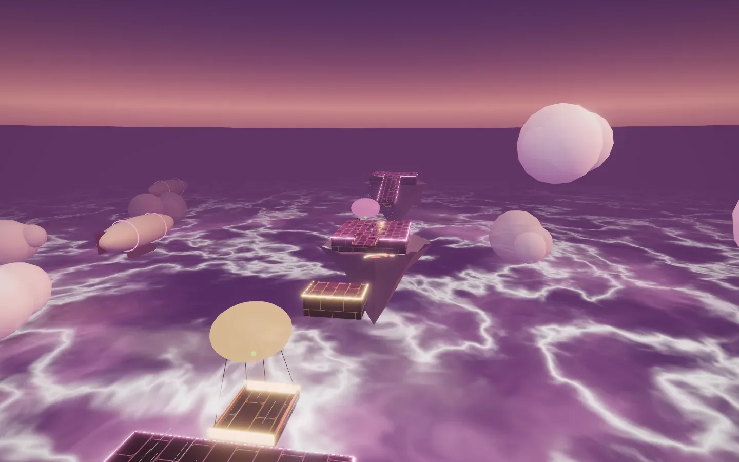 Ein Deck über rosa Wolken, daneben ein Floß an Ballonseilen und Luftschiffe am Horizont.