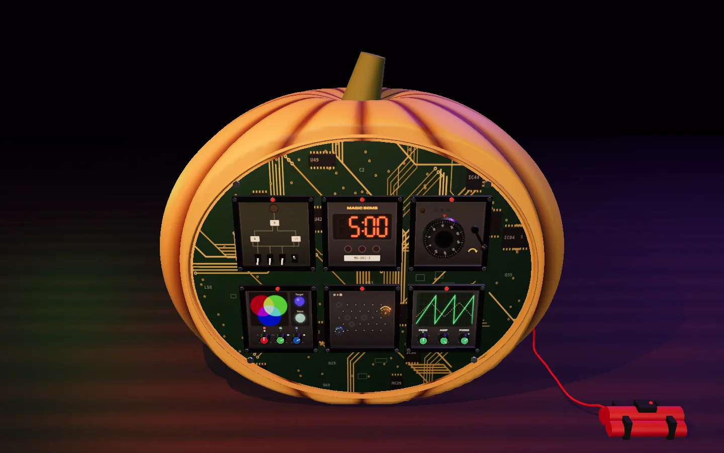Ein Kürbis mit aufgeschnittener Front, darin eine Platine mit Modulen, im lila Halloween-Licht.