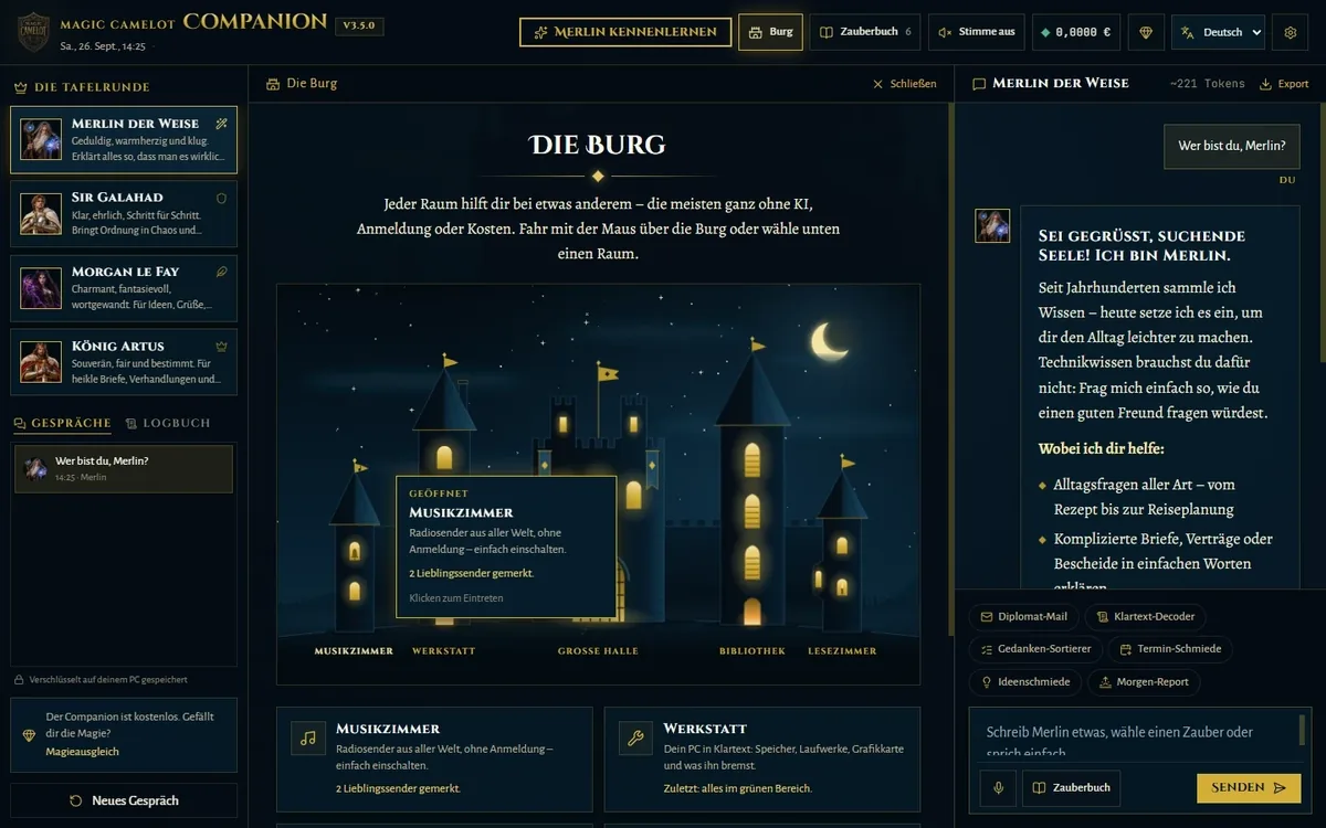 Der Companion: die Tafelrunde, die Burg mit ihren Räumen und Merlin im Gespräch.