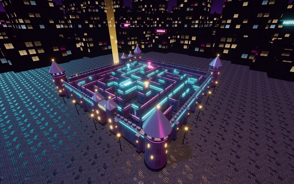 Merlin’s Maze: ein leuchtendes Neon-Labyrinth mit Ecktürmen zwischen nächtlichen Hochhäusern, von oben gesehen.
